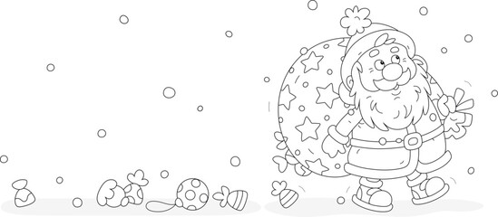 Funny Santa Claus going and loosing sweets and toys from his magical bag of Christmas gifts for little girls and boys, black and white outline vector cartoon illustration for a coloring book