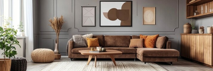 elegant room decoration with brown sofa, table, plant and frame on gray wall background