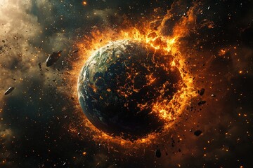 Earth Exploding. Apocalyptic Scenery of Meteor Storm and Alien Invasion