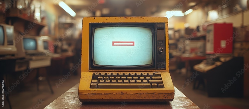 Poster vintage yellow computer in a retro setting with a blank screen.