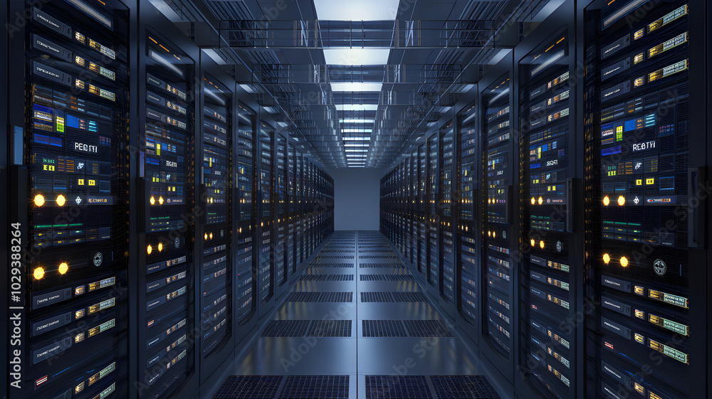 Poster the heart of the network: a mesmerizing view down a long, sleek server room, rows of humming servers