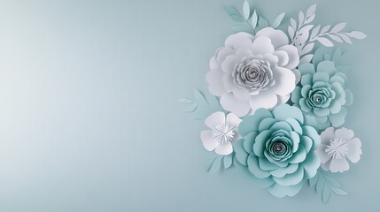 This artwork features intricately crafted 3D paper flowers in white and soft tones, interspersed with vibrant green leaves, all beautifully arranged on a pastel sage backdrop