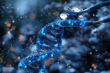 A stethoscope with its tubing forming a DNA strand, symbolizing the relationship between genetics and healthcare. Concept of health.