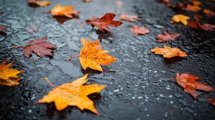 Close-up of colorful autumn leaves on a wet pavement after the rain.