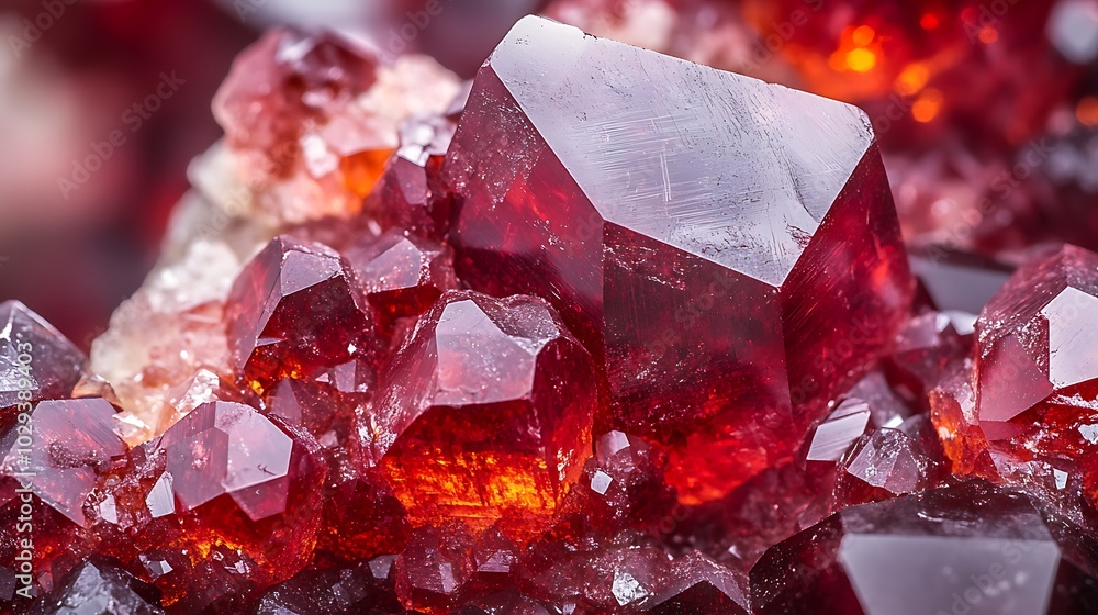 Poster close-up of red crystal cluster with sharp edges.