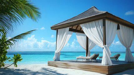 Fototapeta premium A five-star hotel beachside cabana with white curtains swaying in the breeze.