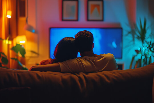 Young couple sitting on the couch watching a drama movie cinematic lights shot with sony camera lens 8k
