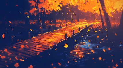 Obraz premium A bridge in a peaceful autumn park, with golden leaves falling and vibrant trees, ideal for serene seasonal landscape visuals.