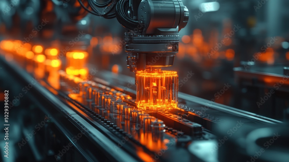 Poster a robotic arm assembling glowing components on a production line in a factory setting.