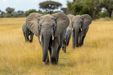 Fototapeta premium Elephant Herd. Family of Elephants Walking in Savuti, Botswana National Park