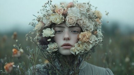 Naklejka premium A woman adorned with a floral crown stands amidst a sea of wildflowers