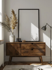 bauhaus bedroom dcor, high-res hyper-realistic photo of an empty white frame on a bauhaus style bedroom sideboard in a th-century berlin house, shot with canon eos rebel sl in daylight