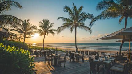 Fototapeta premium A five-star hotels beachfront restaurant with a view of the horizon and palm trees swaying.