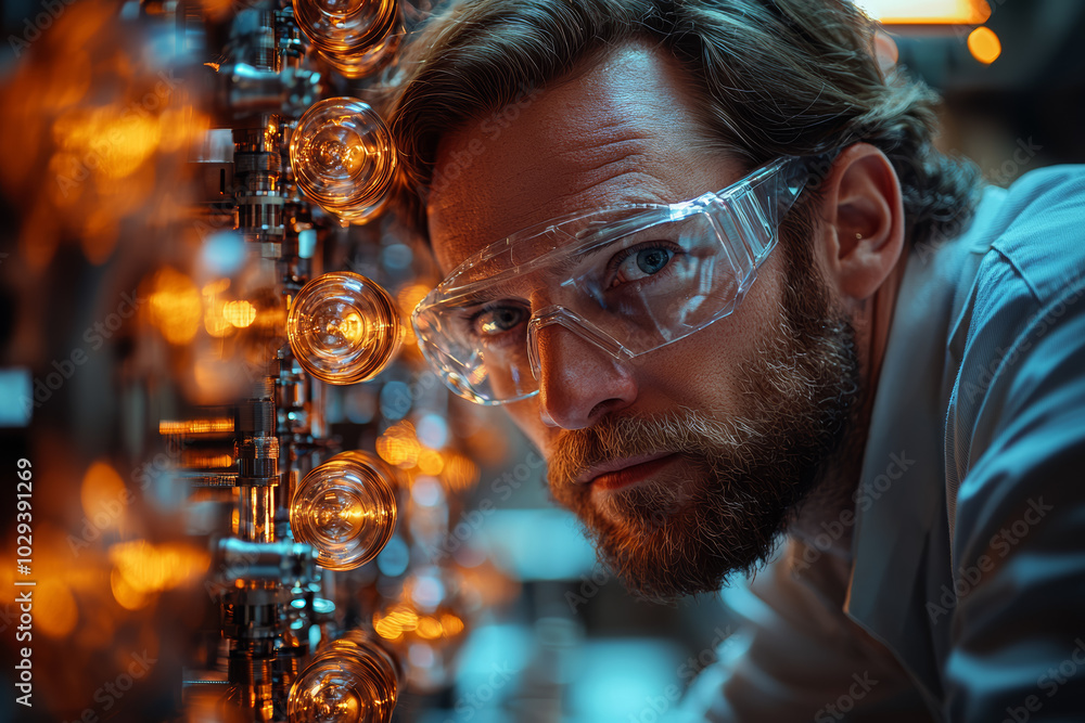 Poster a scientist looking at a machine that allows them to glimpse into alternate dimensions, symbolizing 