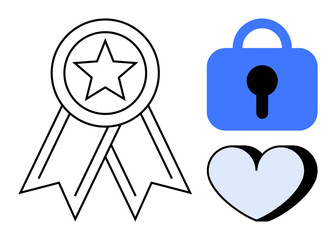 Star badge with ribbons, a blue padlock with a black keyhole, and a light blue heart. Ideal for quality assurance, security, love, trust, and certification themes. Simple line art style