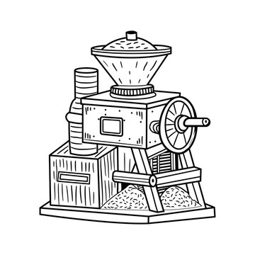 Hand drawn illustration of an old vintage flour mill