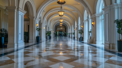 Obraz premium A five-star hotels grand hallway with marble floors and high arches leading to suites.