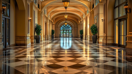 Obraz premium A five-star hotels grand hallway with marble floors and high arches leading to suites.