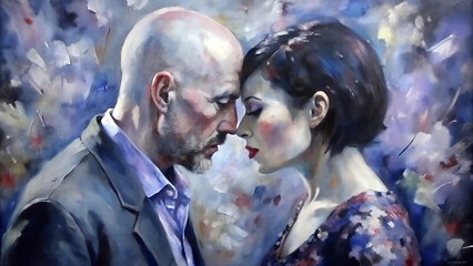 Naklejka premium Intimate portrait of a couple gazing into each other's eyes with emotional intensity in a textured oil painting style 