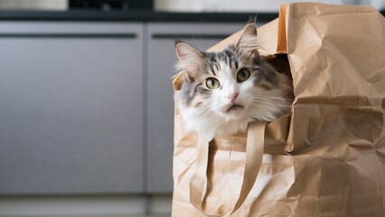 Curious Cat Emerging from Grocery Bag in Modern Kitchen