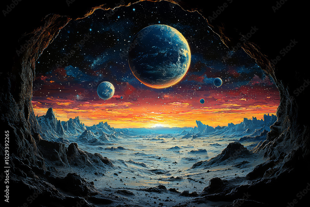Poster a planet with multiple moons and alien civilizations living on each, representing interplanetary int