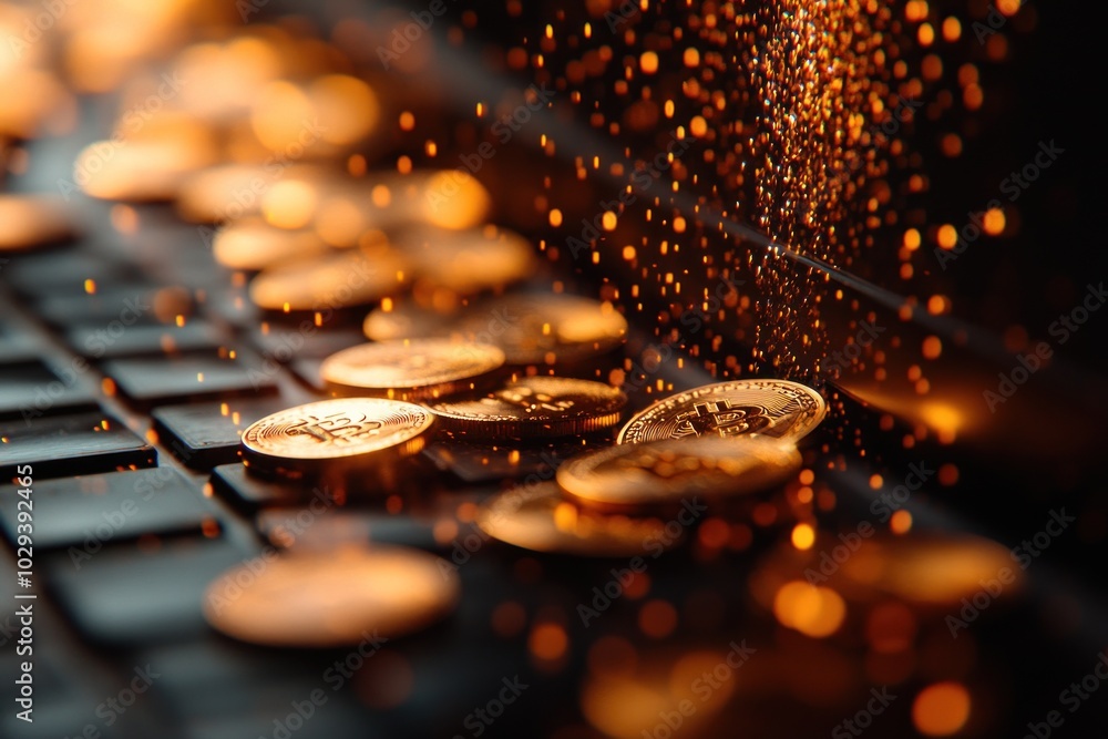 Poster a close-up of coins scattered on a keyboard, with a sparkling effect in the background.