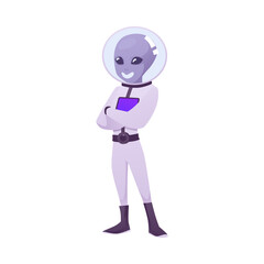 Vector illustration of purple alien character with black eyes, spacesuit and astronaut costume.