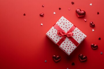 Obraz premium Elegant Valentine's Day gift box adorned with red ribbon and heart-shaped chocolates on vibrant red background. With copy space for text.