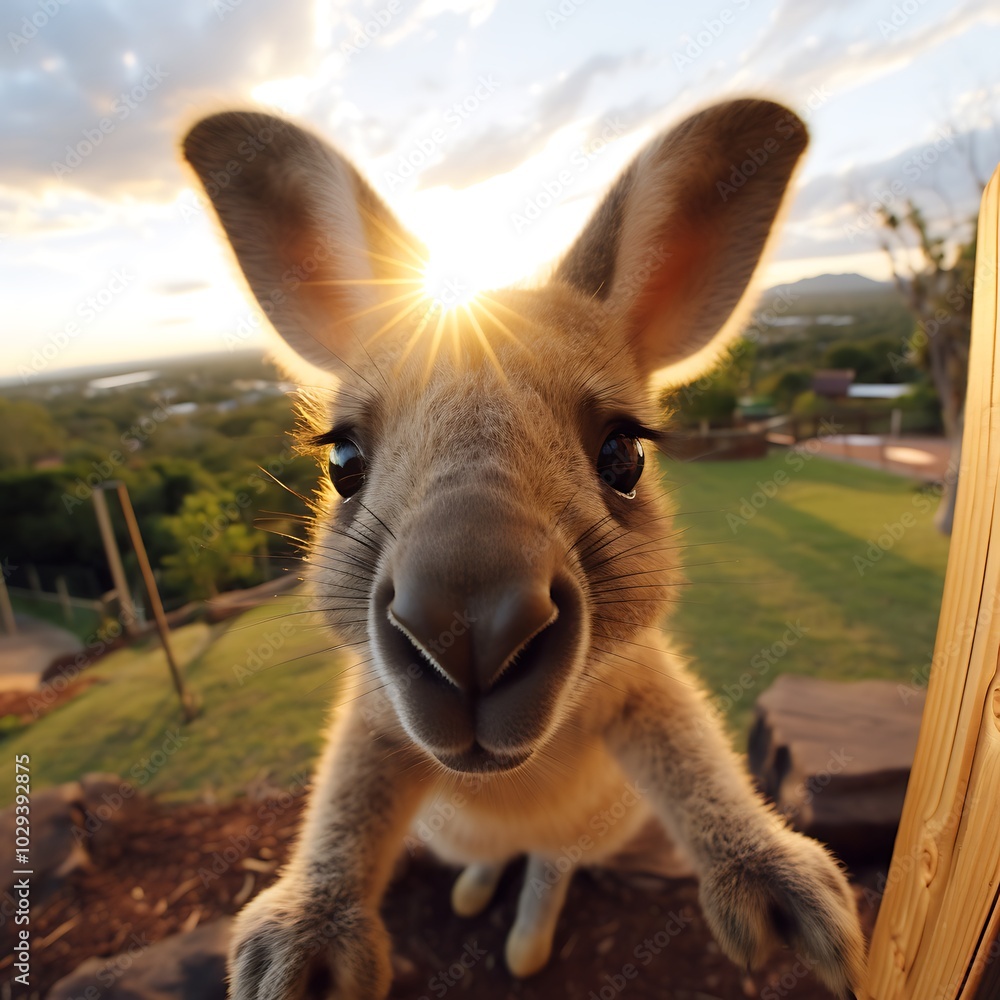 Poster a curious joey kangaroo with big ears looks directly at the camera with the setting sun behind it.