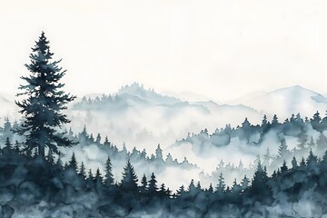 Misty Forest with Watercolor Green Tree. Tranquil Nature Scene. Hand drawn illustration. White background with copy space. Ecology
