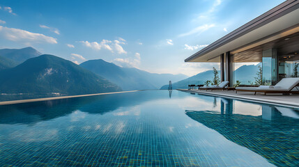 Fototapeta premium An infinity pool at a five-star hotel with a view of mountains in the background.