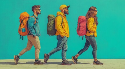 Obraz premium Three trendy hikers with colorful backpacks walking in profile. Vibrant retro-style image with turquoise background