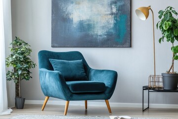 Mid-century Modern Living Room Design with Teal Sofa and Gray Lounge Chair