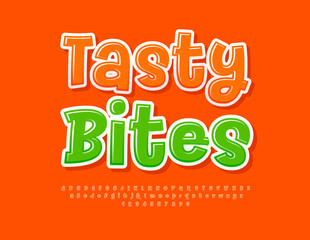 Naklejka premium Vector advertising flyer Tasty Bites. Funny Glossy Font. Bright Orange Alphabet Letters and Numbers set.
