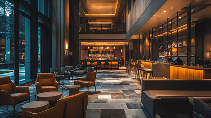 A five-star hotel lobby bar with sleek decor and cozy seating under soft lighting.