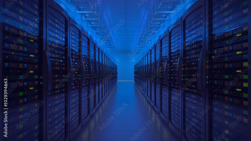Poster data center: a mesmerizing view down a long corridor of server racks illuminated by a blue glow. the