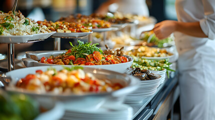 A five-star hotel restaurant buffet with gourmet international cuisine displayed elegantly.