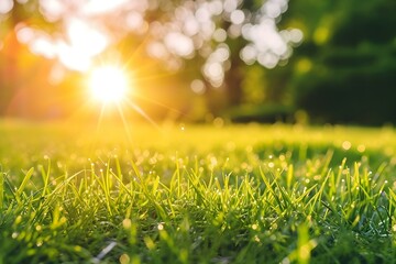 Sunlit Meadow: Close-up view of vibrant green grass glistening with morning dew, bathed in the warm golden light of sunrise. A tranquil scene evoking feelings of peace and serenity. 