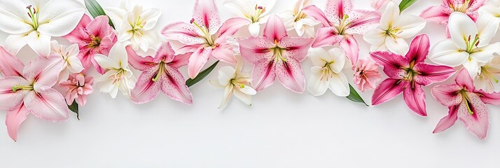 beautiful lily flowers are arranged on a white background., copy space 