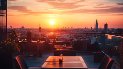A five-star hotel rooftop bar at sunset with panoramic views of the city skyline.