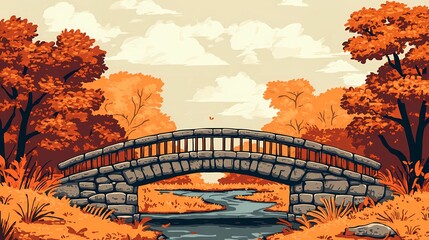 Bridge in an autumn park surrounded by vibrant fall leaves, creating a peaceful and serene seasonal landscape ideal for nature visuals.