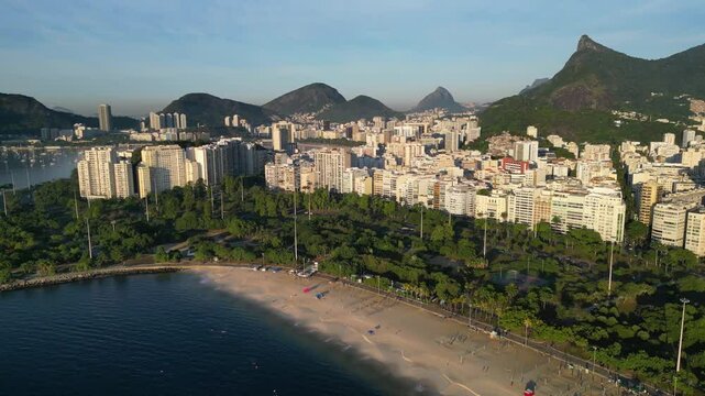 Aerial View of Empty Flamengo Beach in Rio de Janeiro With Corcovado Mountain in the Horizon