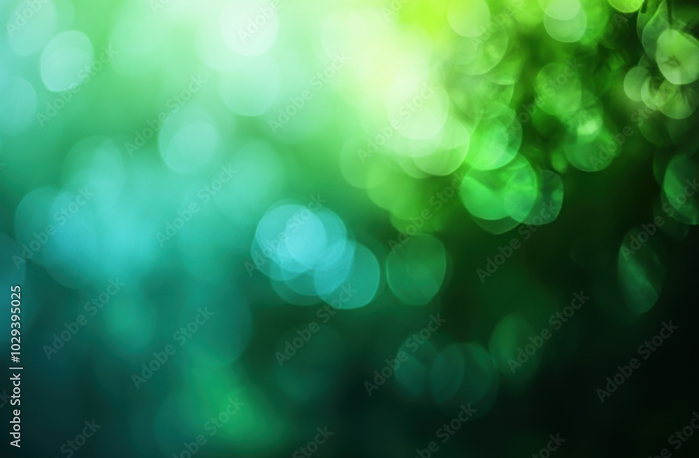 Poster Blurred bokeh abstract background with green and blue colors. Soft focus of light on the dark surface, creating a dreamy atmosphere. Background for design or presentation.