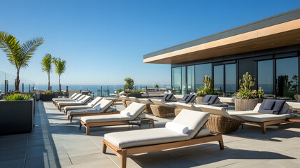 Obraz premium A five-star hotel rooftop terrace with plush lounge chairs and a view of the ocean.