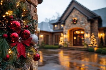 An elegant stone house with front door adorned by a Christmas wreath and surrounded by glowing lights and shrubs as the festive season approaches.