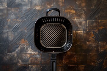 A top-down view of an empty air fryer basket placed on a clean kitchen countertop, emphasizing modern kitchen appliances, healthy cooking options
