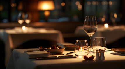 A gourmet dining setup in a five-star hotel restaurant featuring Michelin-starred cuisine.
