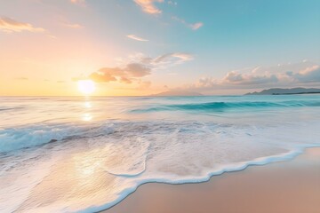 Golden Hour at the Shore: A breathtaking view of the ocean at sunset, with soft, pastel hues painting the sky. The gentle waves lap at the pristine sandy shore, capturing a serene and tranquil moment.