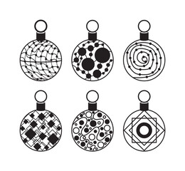 Set of Christmas balls icon. Line art. Flat vector. Linear black Christmas balls icons isolated on white background. Collection of New Year toys for a tree. Balls with a pattern for winter decoration