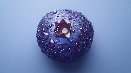   A close-up of a purple fruit, with droplets of water on the top and bottom, against a blue background